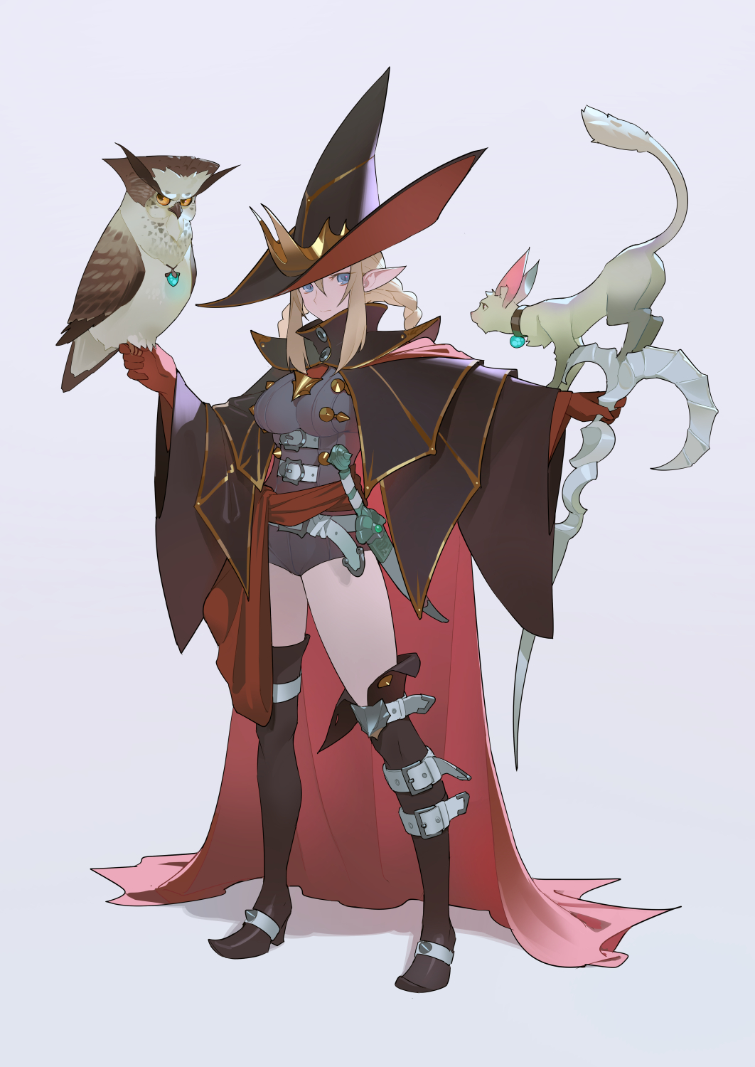 1girl belt bird blonde_hair blue_eyes boots braid brown_footwear cape cat dagger elf hair_between_eyes hat highres holding leotard original owl pointy_ears red_cape simple_background solo staff thigh_boots thighhighs tim_loechner twin_braids weapon witch_hat