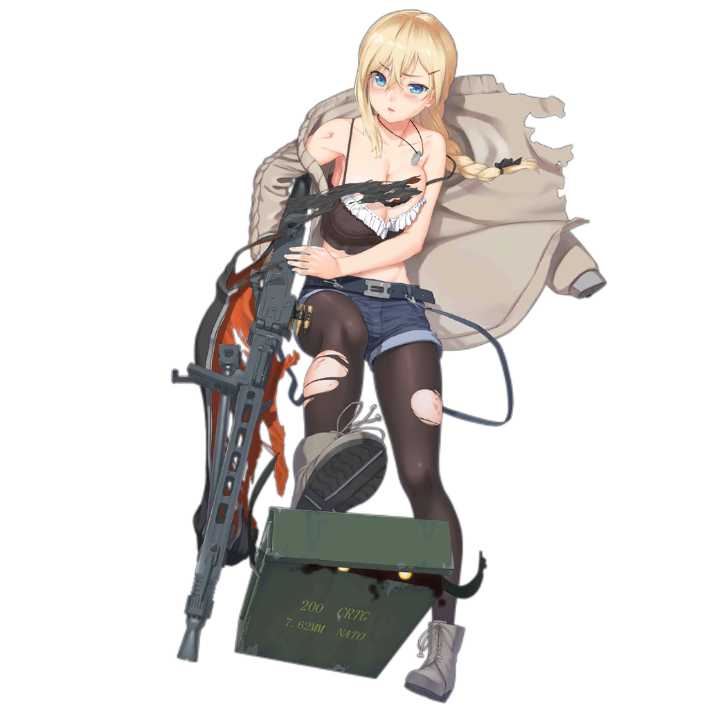 1girl alternate_costume ammo_box aran_sweater black_legwear blonde_hair blue_eyes boots braid breasts camisole cleavage denim denim_shorts dog_tags eyebrows_visible_through_hair full_body girls_frontline gun hair_between_eyes hair_ornament hair_ribbon hair_tucking hairclip jewelry large_breasts looking_at_viewer machine_gun mg3 mg3_(girls_frontline) midriff necklace off-shoulder_shirt off_shoulder official_art pantyhose parted_lips ribbon shirt short_shorts shorts single_braid solo strap_slip suspenders sweater torn_clothes torn_legwear torn_shirt touko_(kira2yue) transparent_background weapon