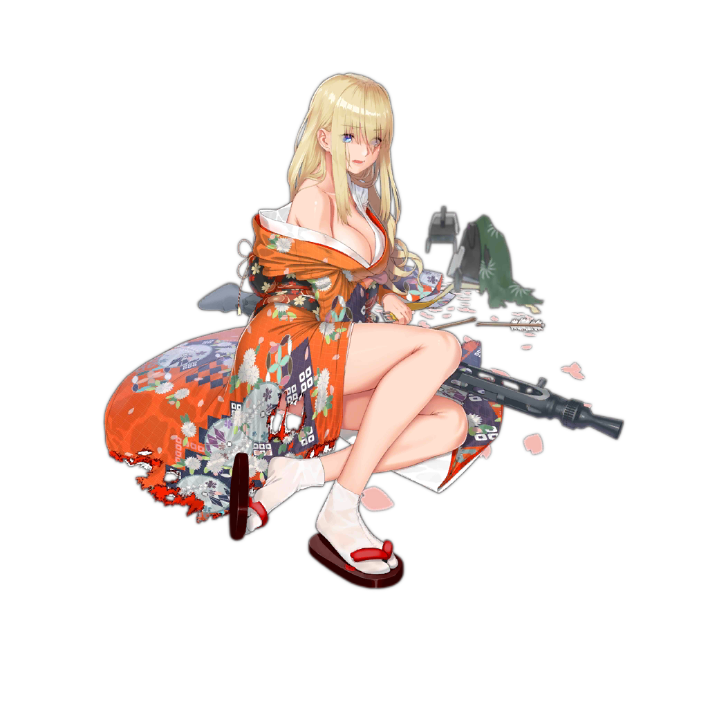 1girl alternate_costume bangs bare_shoulders belt blonde_hair blue_eyes breasts cleavage collarbone damaged dinergate_(girls_frontline) eyebrows_visible_through_hair eyes_visible_through_hair full_body girls_frontline gun hair_between_eyes holding holding_belt japanese_clothes kimono legs long_hair looking_at_viewer machine_gun mg3 mg3_(girls_frontline) off_shoulder official_art open_mouth sidelocks sitting socks solo torn_clothes torn_kimono touko_(kira2yue) transparent_background weapon white_legwear yellow_belt