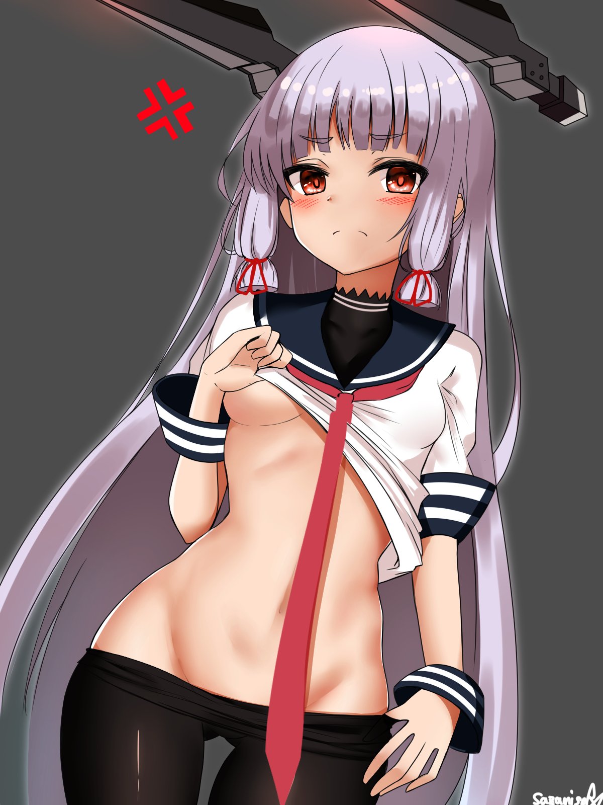 1girl anger_vein bangs black_legwear blunt_bangs blush breasts dress dress_lift hair_ribbon headgear highres kantai_collection lavender_hair long_hair medium_breasts murakumo_(kantai_collection) navel necktie no_panties orange_eyes panties panty_pull ribbon sailor_dress sazamiso_rx sidelocks solo tress_ribbon underwear very_long_hair wrist_cuffs