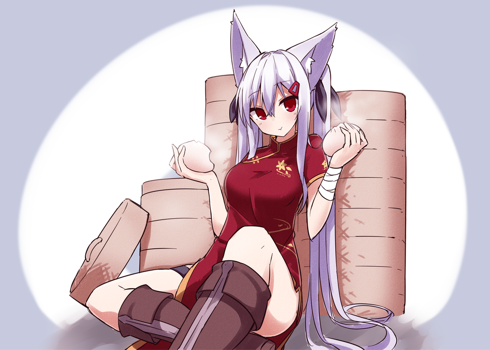 1girl :t animal_ear_fluff animal_ears bamboo_steamer bandaged_arm bandages bangs baozi black_ribbon blush boots breasts brown_footwear closed_mouth dress eating eyebrows_visible_through_hair food fox_ears grey_background hair_between_eyes hair_ribbon holding holding_food knee_boots knee_up long_hair looking_at_viewer medium_breasts original pelvic_curtain red_dress red_eyes ribbon shirogane_kasane short_sleeves silver_hair sitting solo steam surume_aburi twintails two-tone_background very_long_hair white_background