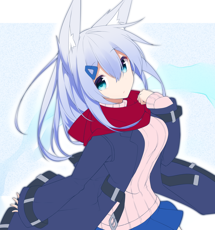 1girl animal_ear_fluff animal_ears bangs belt belt_buckle black_belt blue_coat blue_eyes blue_skirt blush breasts buckle closed_mouth coat eyebrows_visible_through_hair fox_ears grey_hair hair_between_eyes hair_ornament hairclip hand_up long_hair long_sleeves looking_at_viewer medium_breasts open_clothes open_coat original pink_sweater pleated_skirt red_scarf ribbed_sweater scarf shirogane_kasane skirt sleeves_past_wrists solo surume_aburi sweater