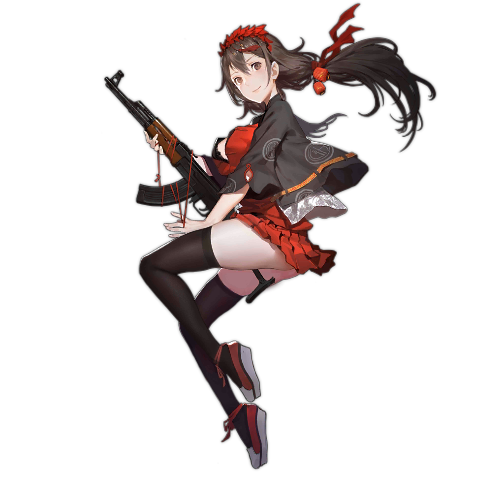 1girl alternate_costume assault_rifle bangs black_hair black_legwear breasts brown_eyes brown_hair cancer_(zjcconan) closed_mouth from_side full_body girls_frontline gun hair_between_eyes hair_ornament holding holding_gun holding_weapon lips long_hair looking_at_viewer official_art photoshop_(medium) red_ribbon red_skirt red_string ribbon rifle skirt smile solo string thighhighs thighs transparent_background twintails type_56_assault_rifle type_56_assault_rifle_(girls_frontline) weapon