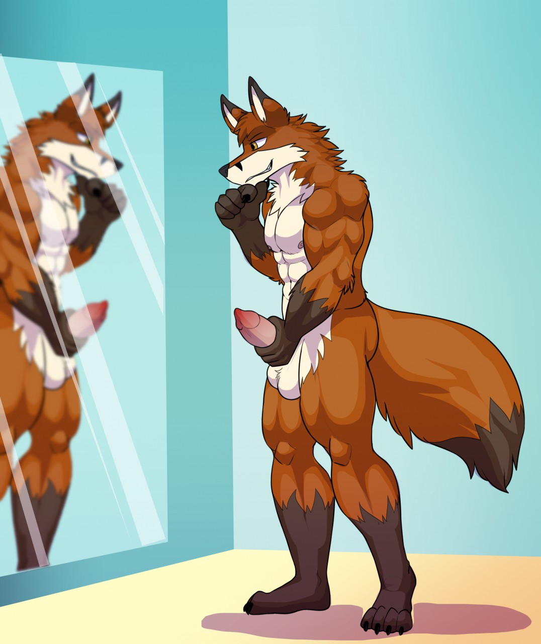 abs andy_renard anthro balls biceps canid canine fox genitals growth hi_res intimatewolf male mammal mirror muscle_growth muscular muscular_male pecs penis solo were werecanid werecanine werefox