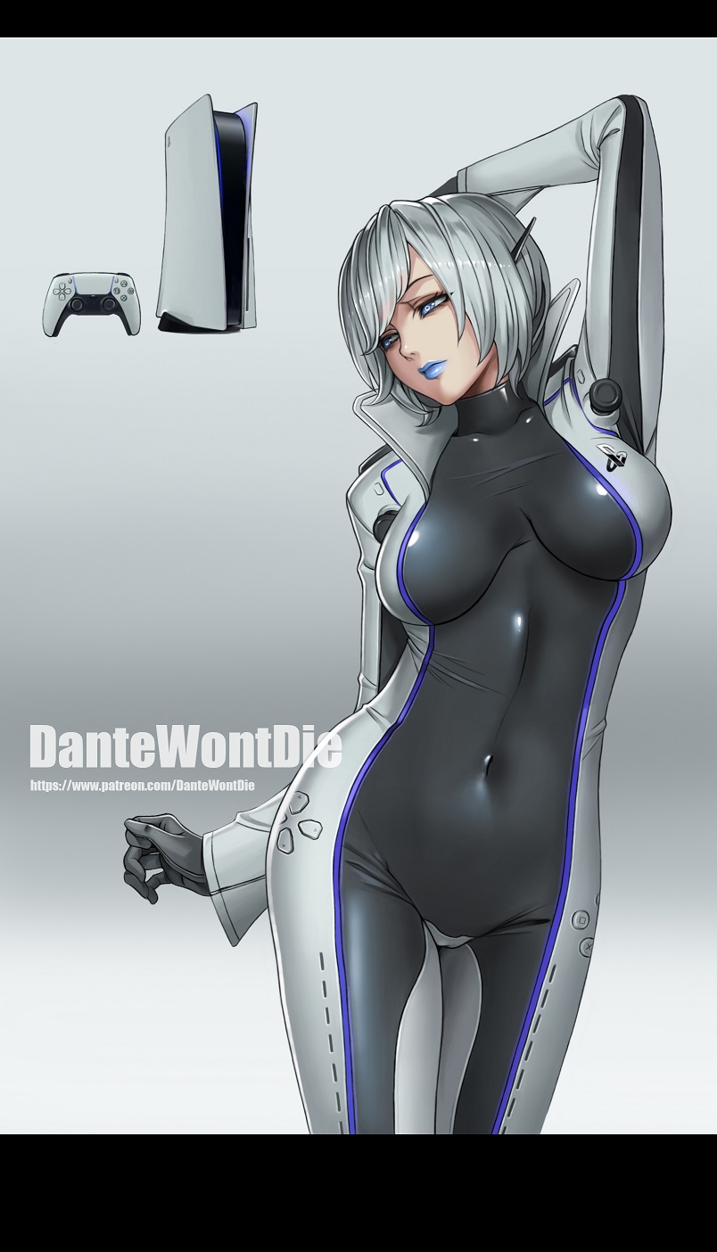 arm_behind_head arm_up artist_name bangs banned_artist black_gloves blue_eyes blue_lips bodysuit breasts breasts_apart closed_mouth contrapposto controller covered_navel game_console game_controller gloves gradient gradient_background grey_background highres impossible_bodysuit impossible_clothes large_breasts letterboxed long_sleeves original personification playstation_5 short_hair silver_hair skin_tight sony watermark web_address yinan_cui
