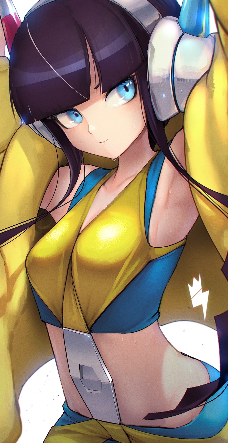 1girl armpits arms_up bare_shoulders black_hair blue_eyes breasts gym_leader headphones highres kamitsure_(pokemon) kashu_(hizake) midriff pokemon pokemon_(game) pokemon_bw pokemon_bw2 short_hair solo very_short_hair