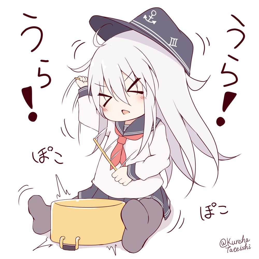 &gt;_&lt; 1girl anchor_symbol black_headwear black_legwear black_sailor_collar black_skirt blush eyebrows_visible_through_hair flat_cap hair_between_eyes hamayuu_(litore) hat hibiki_(kantai_collection) instrument kantai_collection long_hair long_sleeves music neckerchief playing_instrument pleated_skirt pot red_neckwear sailor_collar school_uniform serafuku silver_hair simple_background skirt solo thighhighs triangle_mouth twitter_username white_background