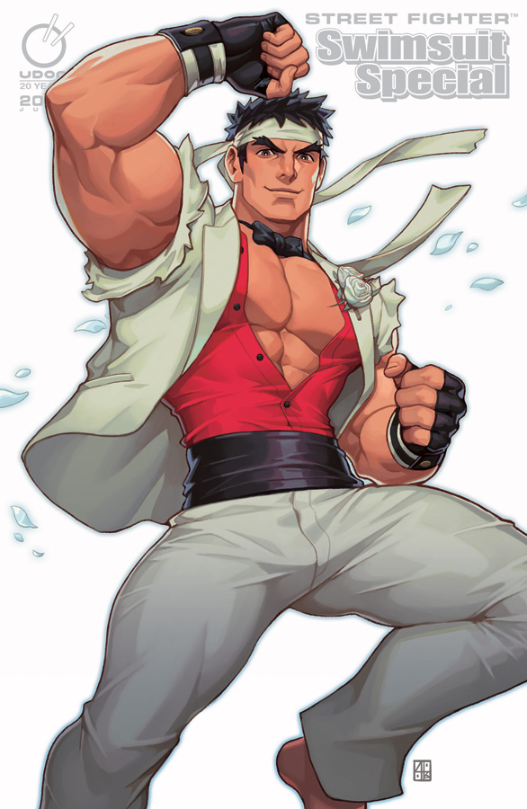 1boy abs adapted_costume alejandro_tio bara black_gloves black_hair black_neckwear black_sash bow bowtie clenched_hands commentary cover cover_page english_commentary fighting_stance fingerless_gloves formal gloves groom headband male_focus muscle pants pectorals red_shirt ryuu_(street_fighter) sash shirt short_hair sleeveless smile solo street_fighter suit tan thick_eyebrows torn_clothes torn_sleeves unbuttoned unbuttoned_shirt white_pants white_suit