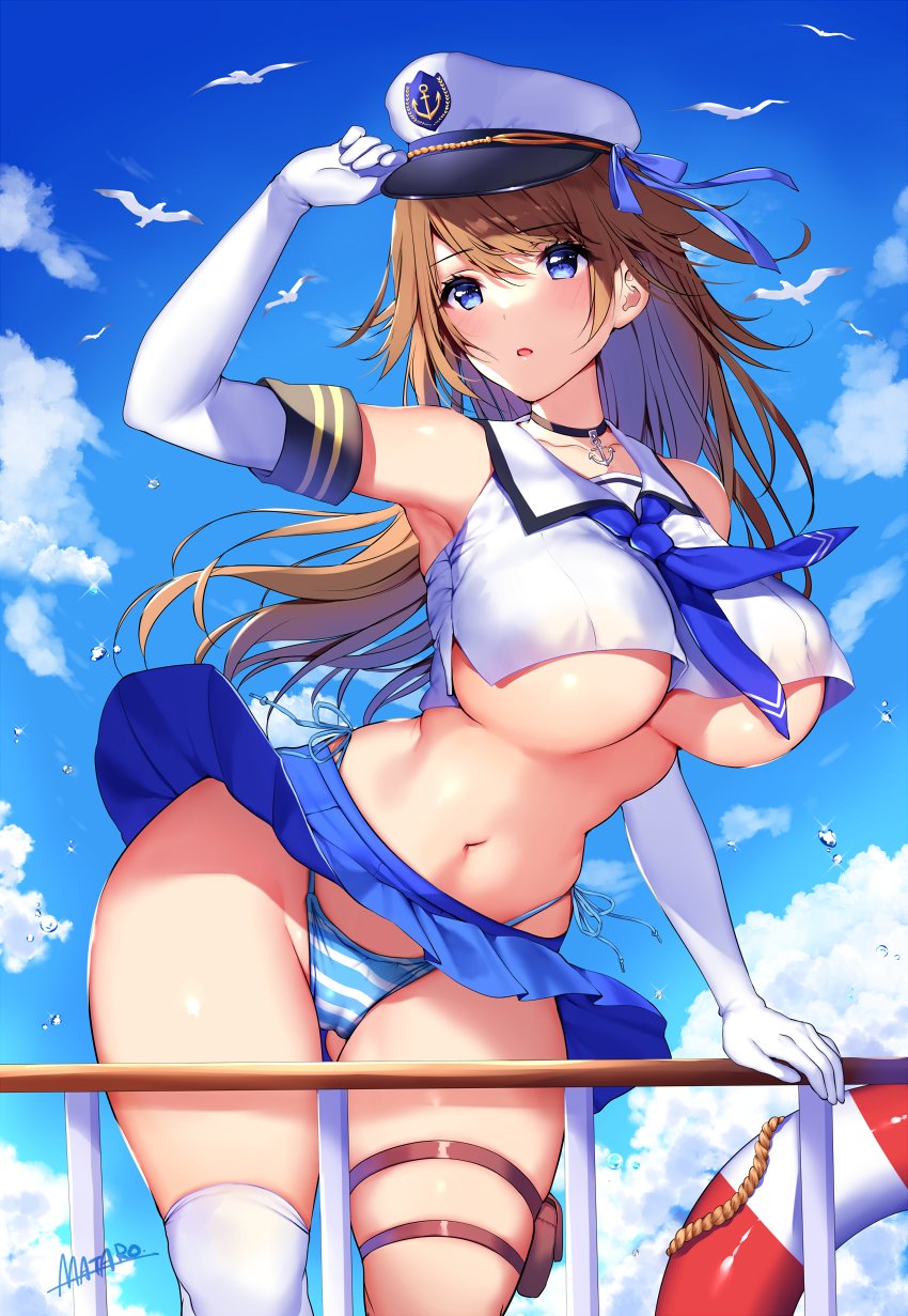 1girl anchor_choker bird blouse blue_eyes blue_neckwear breasts brown_hair cameltoe check_commentary choker cloud commentary_request crop_top crop_top_overhang day elbow_gloves gloves highres large_breasts lifebuoy long_hair matarou_(genkai_toppa) necktie open_mouth original panties pleated_skirt seagull side-tie_panties single_over-kneehigh skirt sleeveless_blouse striped striped_panties underboob underwear white_gloves white_legwear wind wind_lift
