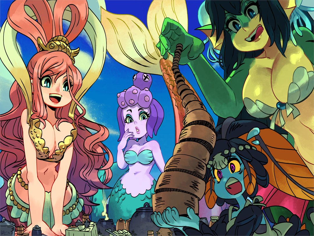 4girls alex_ahad blue_skin blue_sky breasts cala_maria_(cuphead) cleavage crossover cuphead cuphead_(game) giantess giga_mermaid green_skin hagoromo licking_lips mermaid minette_(skullgirls) monster_girl multiple_crossover multiple_girls one_piece open_mouth pink_hair purple_hair shantae_(series) shawl shirahoshi skullgirls sky smile tentacle_hair tongue tongue_out trait_connection wavy_hair