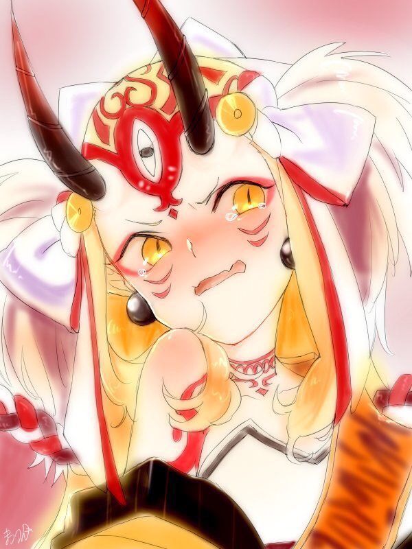 1girl artist_request bare_shoulders blonde_hair blush breasts collarbone earrings eyeliner facial_mark fangs fate/grand_order fate_(series) forehead forehead_mark hair_pulled_back hair_ribbon horns ibaraki_douji_(fate/grand_order) japanese_clothes jewelry kimono long_hair looking_to_the_side makeup off_shoulder oni oni_horns open_mouth pointy_ears ribbon sash slit_pupils small_breasts tattoo tearing_up white_ribbon yellow_eyes yellow_kimono