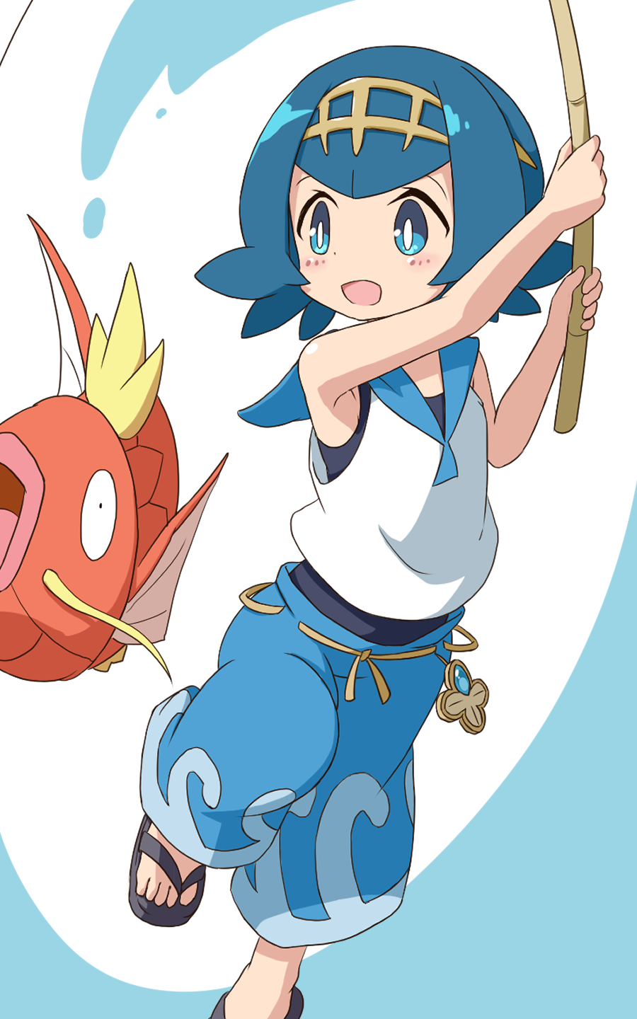 1girl :d bangs blue_eyes blue_hair blue_pants blue_sailor_collar blush commentary_request feet fishing_rod flip-flops gen_1_pokemon gold_hairband hairband highres holding holding_fishing_rod magikarp no_sclera one-piece_swimsuit ookamiinari open_mouth pants pokemon pokemon_(creature) pokemon_(game) pokemon_sm sailor_collar sandals shirt short_hair sleeveless smile suiren_(pokemon) swimsuit swimsuit_under_clothes toes trial_captain two-handed