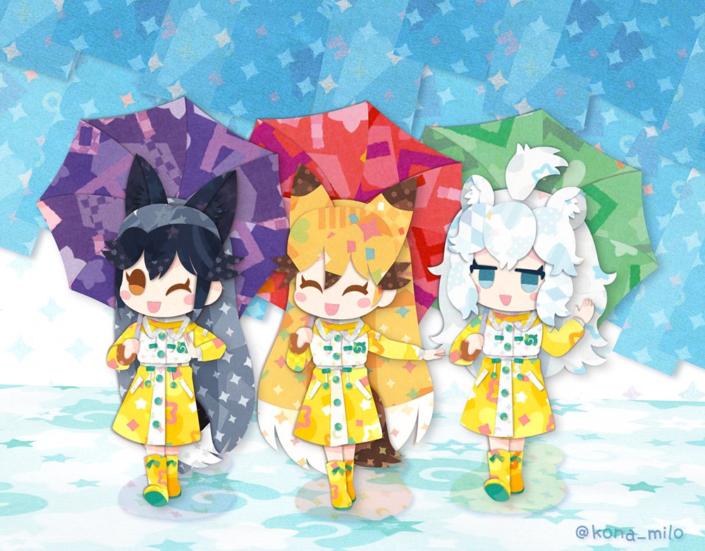 3girls :d ^_^ animal_ears black_hair blue_eyes blush_stickers boots brown_eyes brown_hair cat_girl chibi closed_eyes extra_ears ezo_red_fox_(kemono_friends) facing_viewer fox_ears fox_girl fox_tail full_body grey_hair hand_up holding holding_umbrella japari_symbol jitome kemono_friends kemono_friends_3 lion_ears lion_girl lion_tail long_hair long_sleeves looking_at_viewer milo multicolored_hair multiple_girls one_eye_closed open_mouth orange_hair outdoors outstretched_arm rain raincoat rubber_boots side-by-side silver_fox_(kemono_friends) smile tail twitter_username umbrella very_long_hair walking water white_hair white_lion_(kemono_friends)