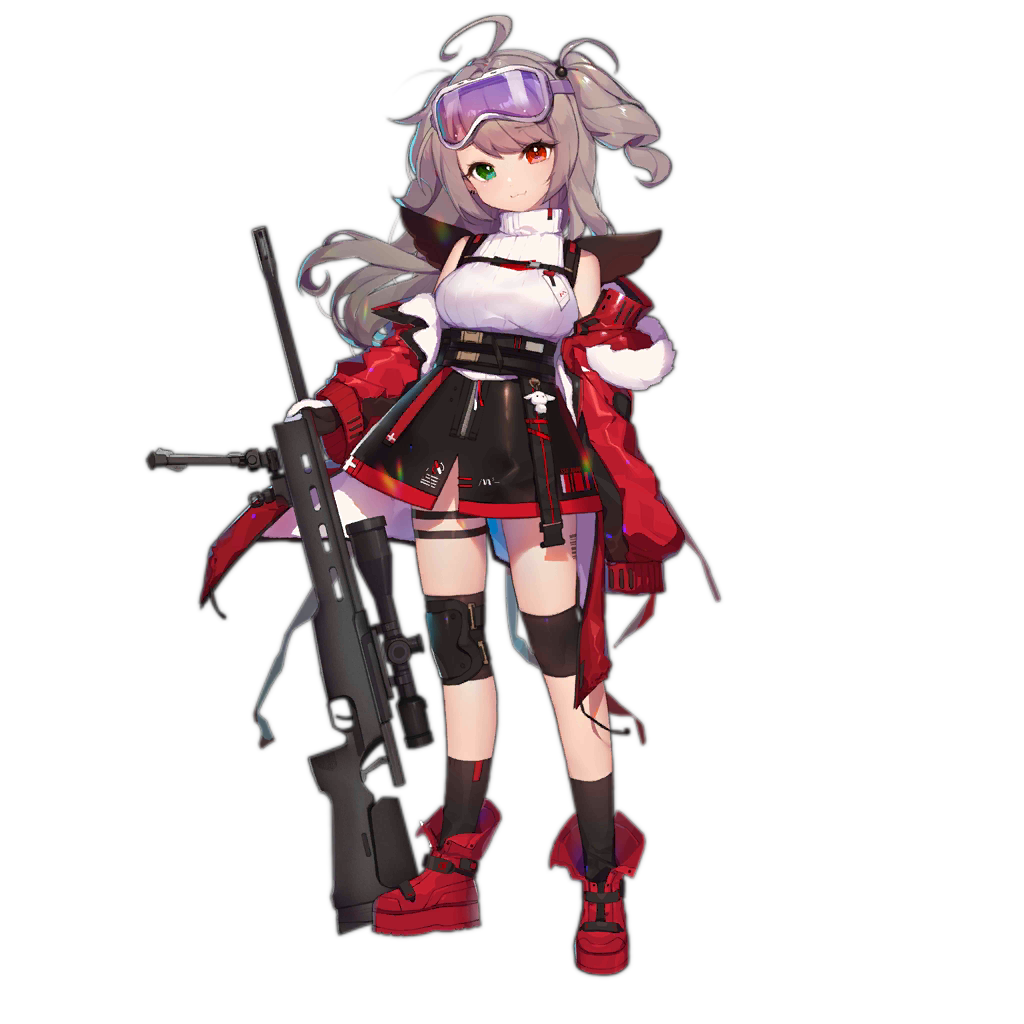 1girl :3 acidear ahoge ankle_boots bangs barcode_tattoo bare_shoulders black_footwear black_skirt bolt_action boots breasts closed_mouth coat curly_hair earrings framed_breasts full_body fur-trimmed_coat fur_trim girls_frontline gloves goggles goggles_on_head green_eyes grey_hair gun hair_bobbles hair_ornament head_tilt heterochromia holding holding_gun holding_weapon jewelry knee_pads large_breasts long_hair looking_at_viewer off_shoulder official_art open_clothes open_coat red_coat red_eyes red_footwear rifle scope sidelocks sig_sauer_ssg_3000 skirt smile snap-fit_buckle sniper_rifle socks solo ssg3000_(girls_frontline) standing stud_earrings sweater sweater_vest tattoo thigh_strap tinted_eyewear transparent_background turtleneck turtleneck_sweater two_side_up very_long_hair weapon white_sweater zipper