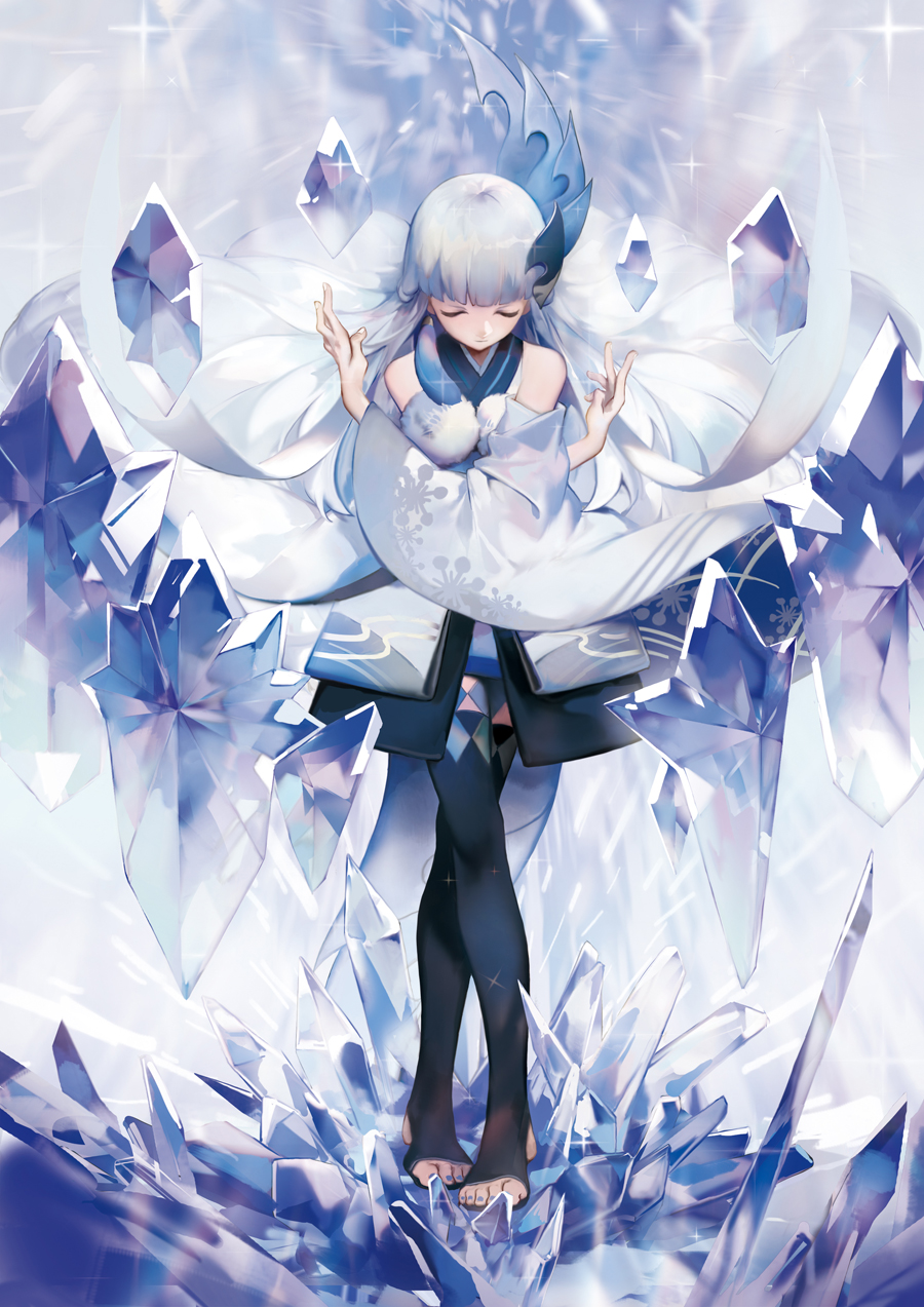 1girl bangs bare_shoulders black_legwear blue_hair blue_nails blue_theme blurry blurry_background bowing crossed_arms crossed_legs detached_sleeves diamond_(shape) facing_viewer floating floating_hair floating_object full_body hair_ornament highres ice japanese_clothes kimono long_hair malu onmyoji photoshop_(medium) pom_pom_(clothes) short_kimono solo standing stirrup_legwear toeless_legwear toenail_polish white_hair white_kimono yuki_onna yuki_onna_(ring_dream)