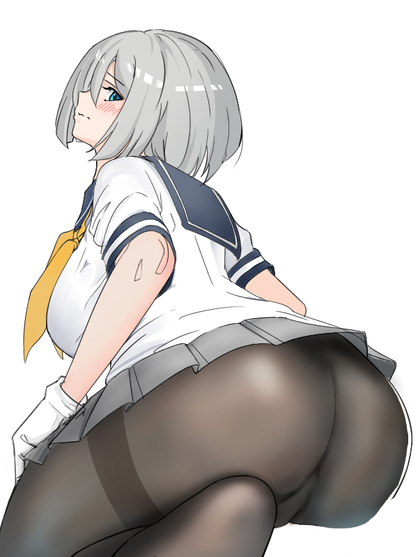 1girl black_legwear black_panties blue_eyes embarrassed fudonari gloves grey_skirt hamakaze_(kantai_collection) hip_focus kantai_collection legs looking_at_viewer miniskirt panties pantyhose school_uniform serafuku silver_hair sitting skirt underwear white_background white_gloves