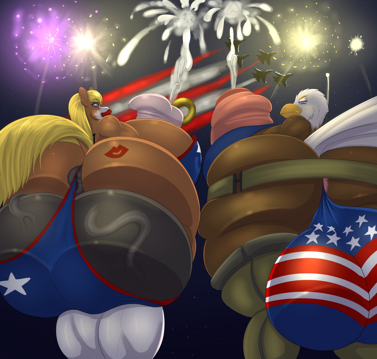 2018 4th_of_july 5_fingers accipitrid accipitriform aircraft airplane anatomically_correct anatomically_correct_genitalia anatomically_correct_penis animal_genitalia animal_penis anthro anus avian balls belt big_balls big_breasts big_butt big_penis biped bird blonde_hair blue_eyes bodily_fluids bottomwear breasts brown_body butt clothing clydesdale colored cum cumshot curvy_figure digital_drawing_(artwork) digital_media_(artwork) draft_horse duo eagle ejaculation equid equine equine_penis feathers fingers fiona_maray fireworks flared_penis foreskin frown genital_fluids genital_piercing genitals glistening glistening_butt gynomorph hair hi_res hooves horse huge_balls huge_butt huge_penis humanoid_genitalia humanoid_penis hyper hyper_balls hyper_butt hyper_genitalia intersex jane_johnson jet kiss_mark legwear lips lipstick looking_at_viewer makarimorph makeup mammal markings medial_ring multicolored_body muscular night nipple_piercing nipple_ring nipples outside partially_retracted_foreskin patriotism penis penis_piercing piercing plump_anus politics reverse_prince_albert_piercing shaded smile star stars_and_stripes tail_feathers thick_lips thong tight_clothing topwear uncut underwear united_states_of_america vein veiny_balls veiny_penis voluptuous white_markings