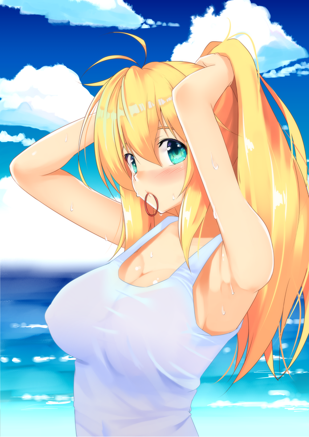 1girl antenna_hair arms_up bare_shoulders blonde_hair breasts cleavage clip_studio_paint_(medium) green_eyes highres large_breasts long_hair looking_at_viewer minase_nagi sideboob sleeveless solo tsurumaki_maki tying_hair voiceroid