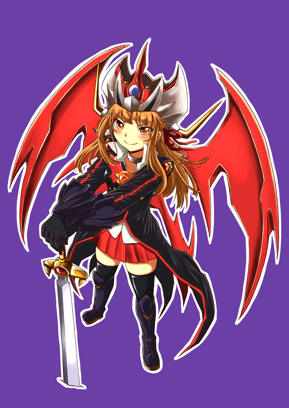 1girl bangs brown_hair clip_studio_paint_(medium) eyebrows_visible_through_hair graphite_(medium) highres holding holding_sword holding_weapon looking_up mazinkaiser mazinkaiser_(robot) mecha_musume mechanical_wings nib_pen_(medium) orange_eyes personification purple_background red_skirt robot_girls_z skirt sword thighhighs traditional_media v-shaped_eyebrows weapon wings z-chan zatou_(kirsakizato) zettai_ryouiki