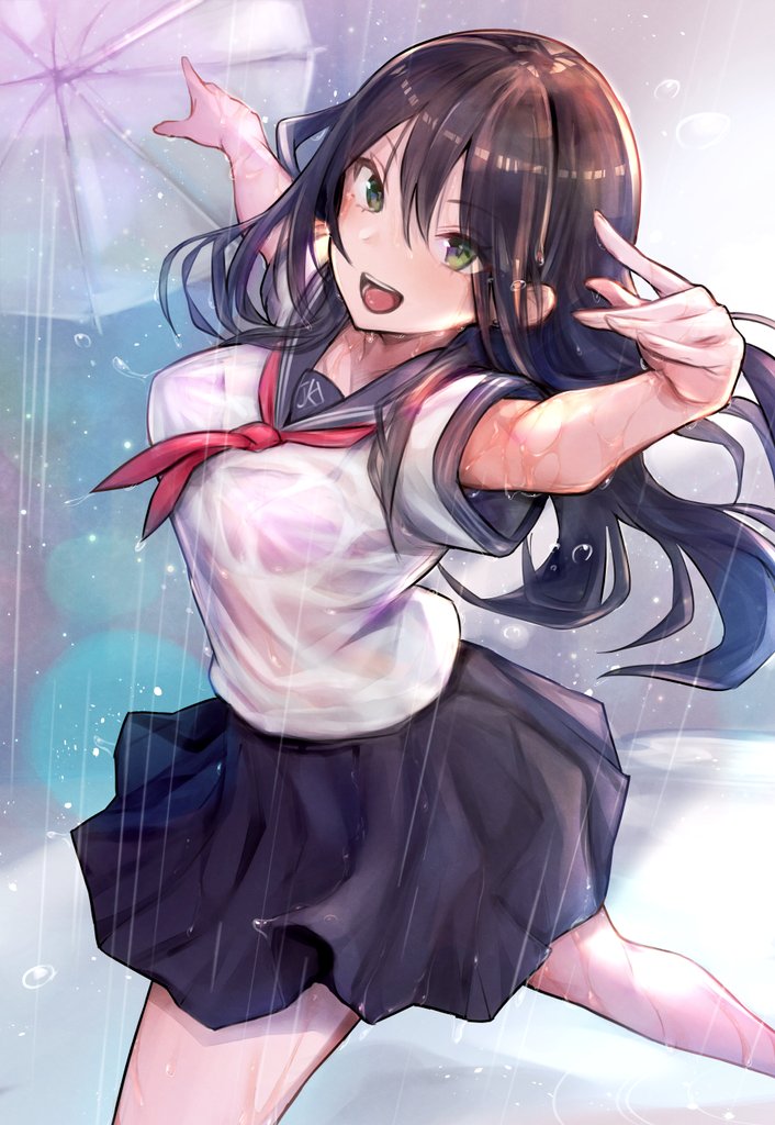 1girl brown_hair commentary_request green_eyes long_hair looking_at_viewer mappaninatta navy_blue_skirt open_mouth original rain red_neckwear school_uniform serafuku shirt smile solo umbrella wet white_shirt