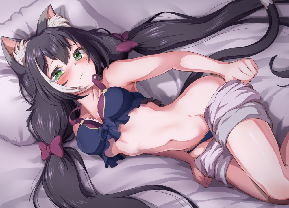 1girl animal_ear_fluff animal_ears bangs bikini black_bikini black_hair blush breasts cat_ears cat_girl cat_tail cleavage closed_mouth green_eyes karyl_(princess_connect!) long_hair looking_at_viewer low_twintails lying medium_breasts multicolored_hair navel on_side open_clothes open_shorts pillow princess_connect! princess_connect!_re:dive shorts shorts_pull streaked_hair swimsuit tail thighs twintails urayama_(backmountain) white_hair white_shorts