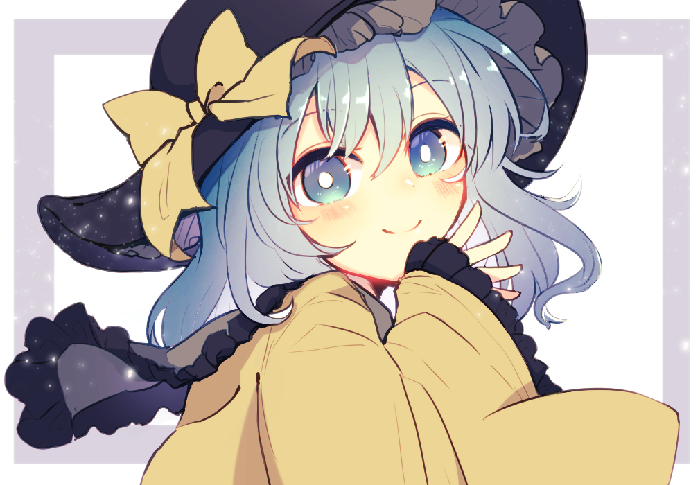 1girl aoi_(annbi) aqua_eyes aqua_hair black_headwear blush bow bright_pupils commentary_request frame frilled_hat frilled_sleeves frills hand_up hat hat_bow komeiji_koishi long_sleeves looking_at_viewer medium_hair shirt smile solo touhou upper_body white_background white_pupils wide_sleeves yellow_bow yellow_shirt