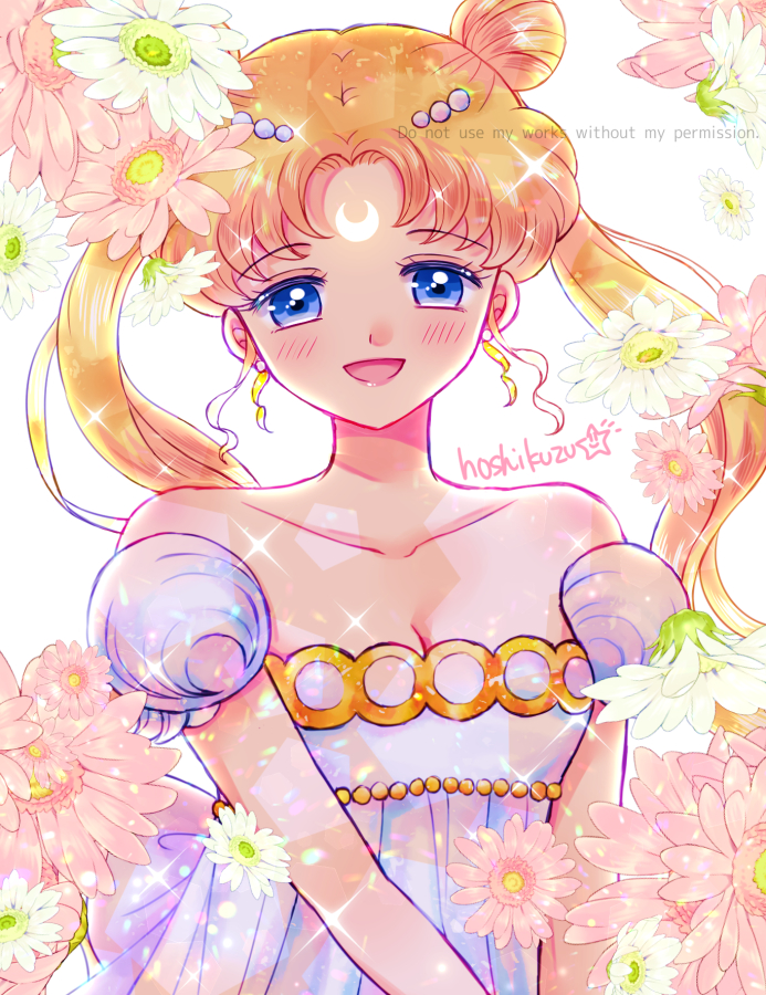 1girl :d bangs bare_shoulders bishoujo_senshi_sailor_moon blonde_hair blue_eyes crescent double_bun dress earrings facial_mark flower forehead_mark hair_ornament hairpin hoshikuzu_(milkyway792) jewelry long_hair looking_at_viewer open_mouth parted_bangs princess_serenity puffy_sleeves repost_notice signature simple_background smile solo strapless strapless_dress tsukino_usagi twintails upper_body white_background white_dress