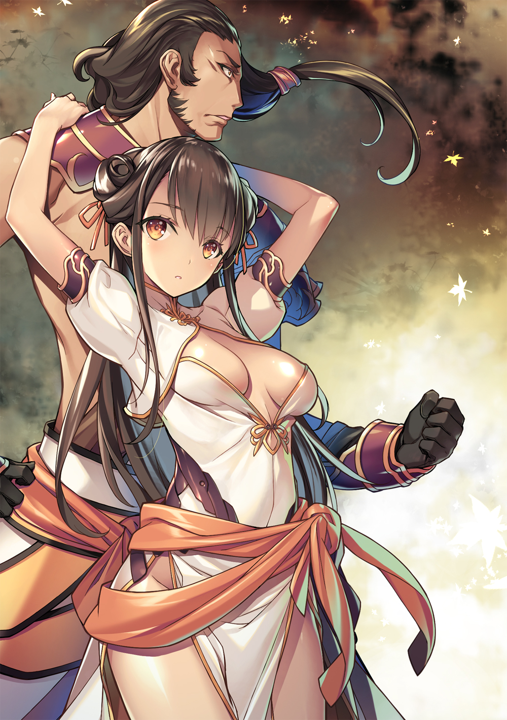 1boy 1girl bangs blush breasts brown_hair character_request china_dress chinese_clothes cleavage cleavage_cutout cowboy_shot double_bun dress eyebrows_visible_through_hair falling_leaves groin highres kenja_no_mago kikuchi_seiji leaf long_hair looking_at_viewer novel_illustration official_art orange_eyes parted_lips photoshop_(medium) short_sleeves side_slit sidelocks textless white_dress