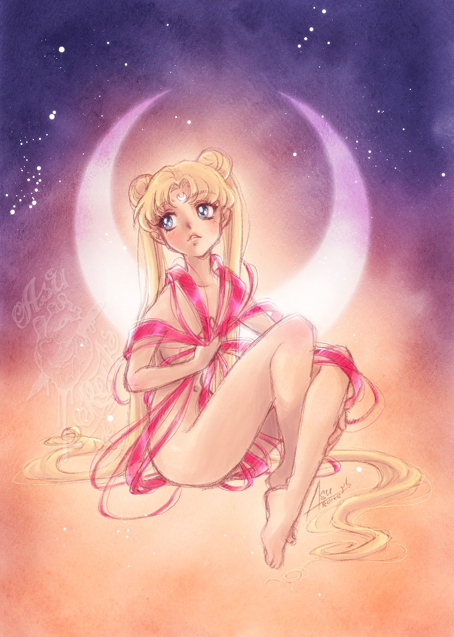 1girl 2013 abstract_background artist_logo artist_name bangs between_fingers between_thighs bishoujo_senshi_sailor_moon blonde_hair blue_eyes blush breasts collarbone crescent crescent_moon crossed_ankles double_bun eyebrows_visible_through_hair facial_mark forehead_mark full_body gradient gradient_background hand_on_own_leg hands_on_own_chest head_tilt highres holding holding_ribbon lips long_hair looking_away looking_to_the_side moon naked_ribbon navel nipples nude olga_andriyenko parted_bangs parted_lips pink_ribbon print_ribbon ribbon sailor_moon see-through signature sitting solo striped striped_ribbon thighs tsukino_usagi twintails very_long_hair