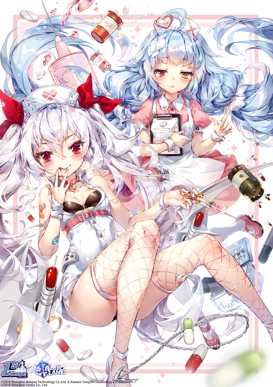 2girls absurdly_long_hair azur_lane bandaid_on_arm blue_hair bow breasts chain choker feet_out_of_frame fishnet_legwear fishnets garter_straps grey_wings hat hat_ornament heart_collar heterochromia hieihirai highres holding holding_syringe large_syringe long_hair metal_wings multiple_girls nicholas_(azur_lane) nicholas_(niconurse)_(azur_lane) nurse nurse_cap official_art oversized_object pill red_bow red_choker small_breasts syringe vampire vampire_(azur_lane) vampire_(little_devil_in_white)_(azur_lane) very_long_hair white_hair white_headwear wings