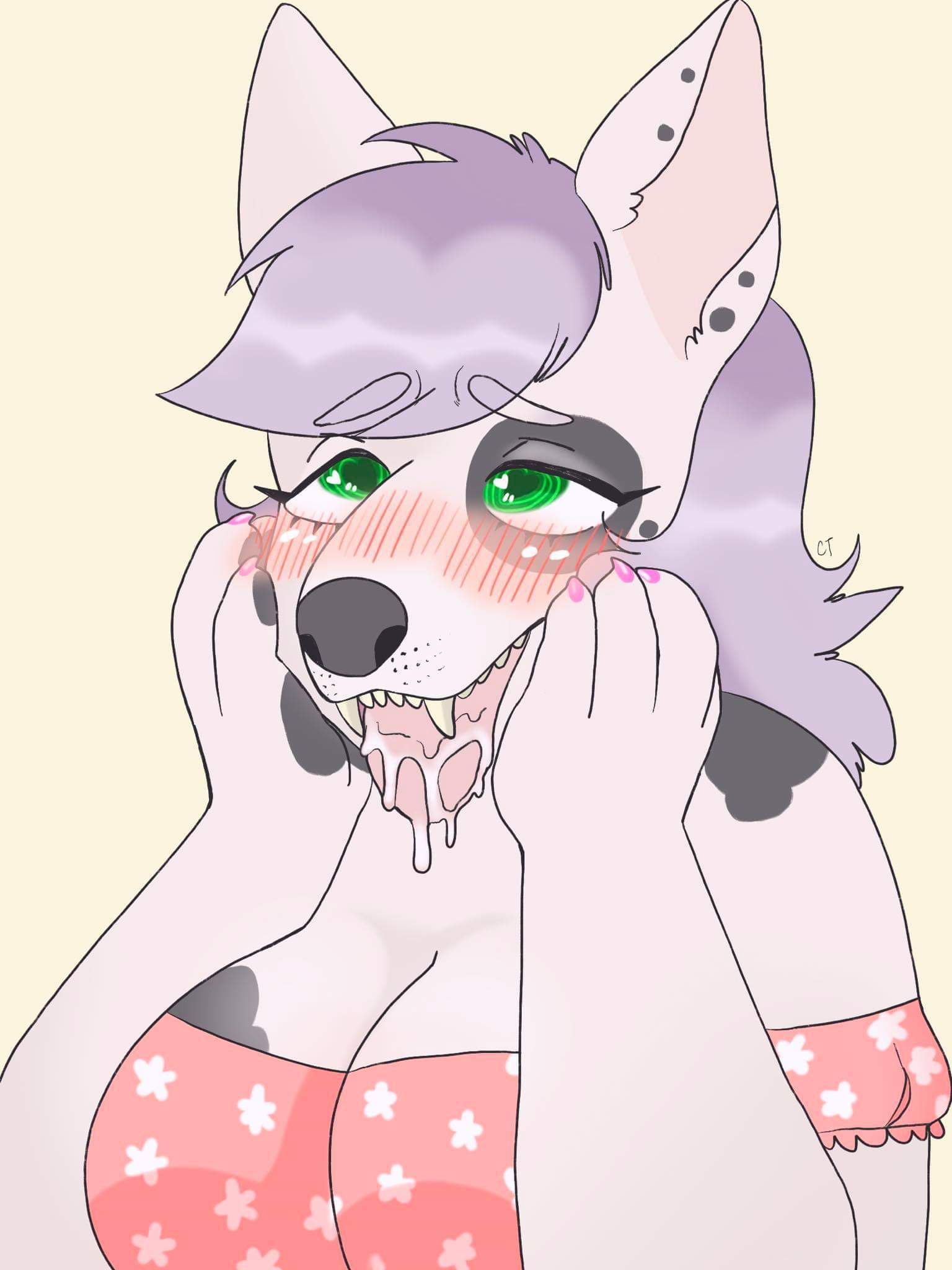 3:4 ahegao ahegao_face anthro big_breasts bodily_fluids breasts bull_terrier canid canine canis claws clementine clothed clothing cross-eyed domestic_dog dress dripping_tongue drooling ear_piercing female green_eyes grey_body grey_nose grey_skin grey_spots hair hand_on_face hi_res hunting_dog looking_pleasured mammal open_mouth open_smile overweight overweight_female piercing purple_hair saliva slightly_chubby slobber smile solo solo_focus space_waifu spots teeth terrier tongue wet white_body