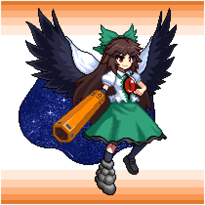 1girl arm_cannon bird_wings black_footwear black_frills black_wings blouse bow brown_hair cape collared_blouse control_rod eyebrows_visible_through_hair frilled_skirt frills green_bow green_skirt hair_bow long_hair lowres mismatched_footwear pixel_art red_eyes reiuji_utsuho short_sleeves skirt smile solo starry_sky_print third_eye touhou tsukimiya_toito v-shaped_eyebrows weapon white_blouse wings