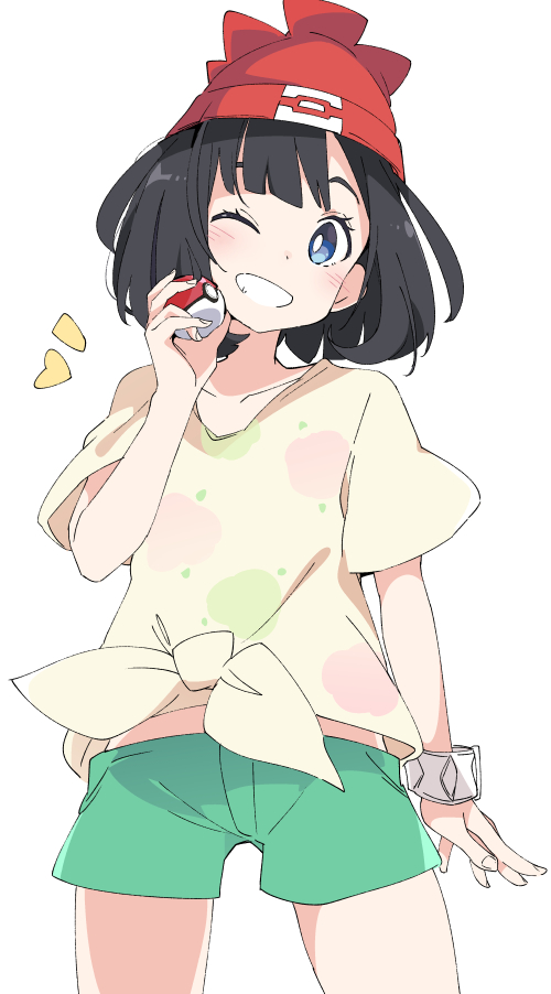 1girl ;) beanie black_hair blue_eyes green_shorts hand_up hat holding holding_poke_ball ixy midriff mizuki_(pokemon) one_eye_closed poke_ball poke_ball_(generic) pokemon pokemon_(game) pokemon_sm red_headwear shirt short_hair short_sleeves shorts simple_background smile solo tied_shirt white_background yellow_shirt