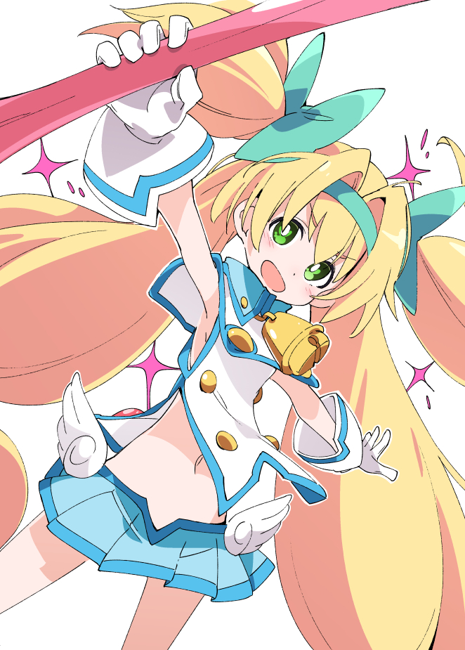 1girl blazblue blonde_hair blue_skirt blush bow gloves green_bow green_eyes green_hairband hair_bow hairband holding holding_weapon ixy long_hair looking_at_viewer low-tied_long_hair muchourin navel open_mouth outstretched_arm platinum_the_trinity pleated_skirt quad_tails simple_background skirt smile solo very_long_hair weapon white_background white_gloves