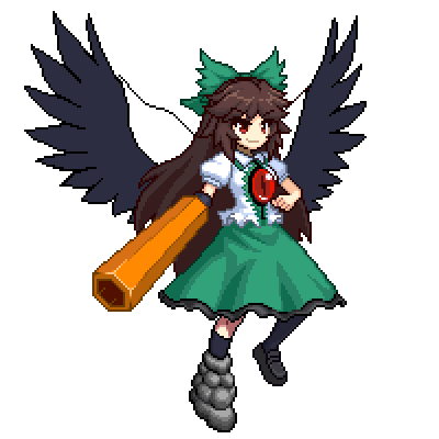 1girl arm_cannon bird_wings black_footwear black_frills black_wings blouse bow brown_hair cape collared_blouse control_rod eyebrows_visible_through_hair frilled_skirt frills green_bow green_skirt hair_bow long_hair lowres mismatched_footwear pixel_art red_eyes reiuji_utsuho short_sleeves simple_background skirt smile solo starry_sky_print third_eye touhou tsukimiya_toito v-shaped_eyebrows weapon white_background white_blouse wings