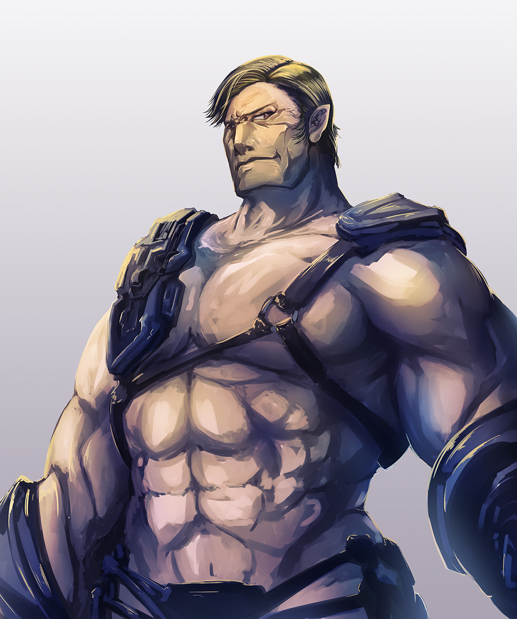 1boy abs blonde_hair brown_eyes clip_studio_paint_(medium) commentary_request eyebrows_visible_through_hair hair_between_eyes highres looking_at_viewer male_focus muscle original photoshop_(medium) pointy_ears shirtless simple_background solo tenmaso upper_body white_background