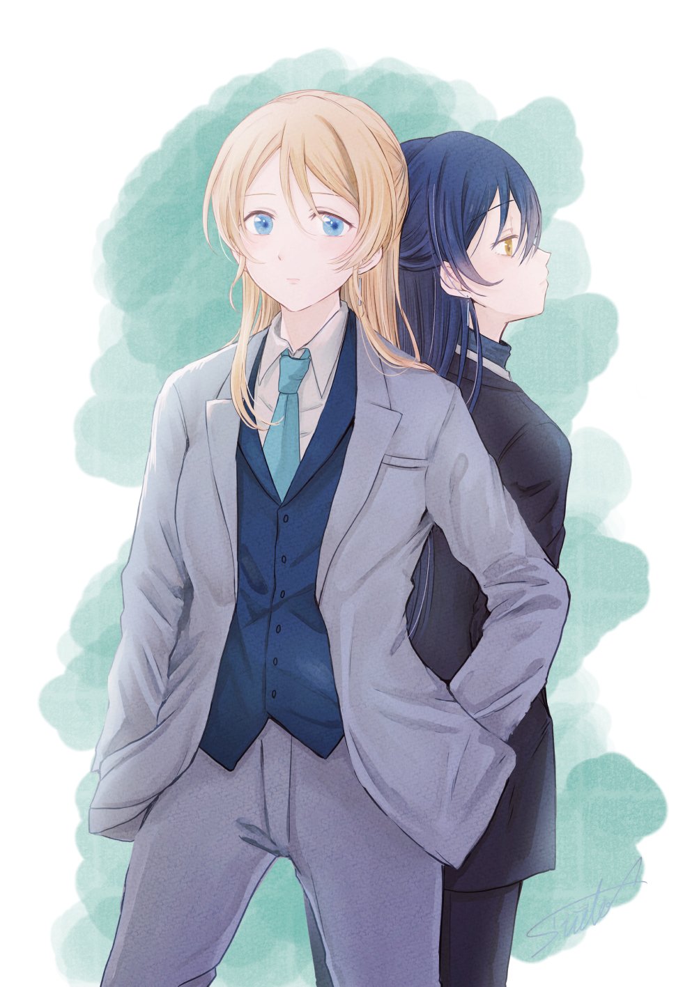 2girls ayase_eli back-to-back bangs blonde_hair blue_eyes blue_hair commentary_request cowboy_shot formal hair_between_eyes hair_down hands_in_pockets highres long_hair long_sleeves love_live! love_live!_school_idol_project multiple_girls necktie pant_suit sonoda_umi suit suito yellow_eyes