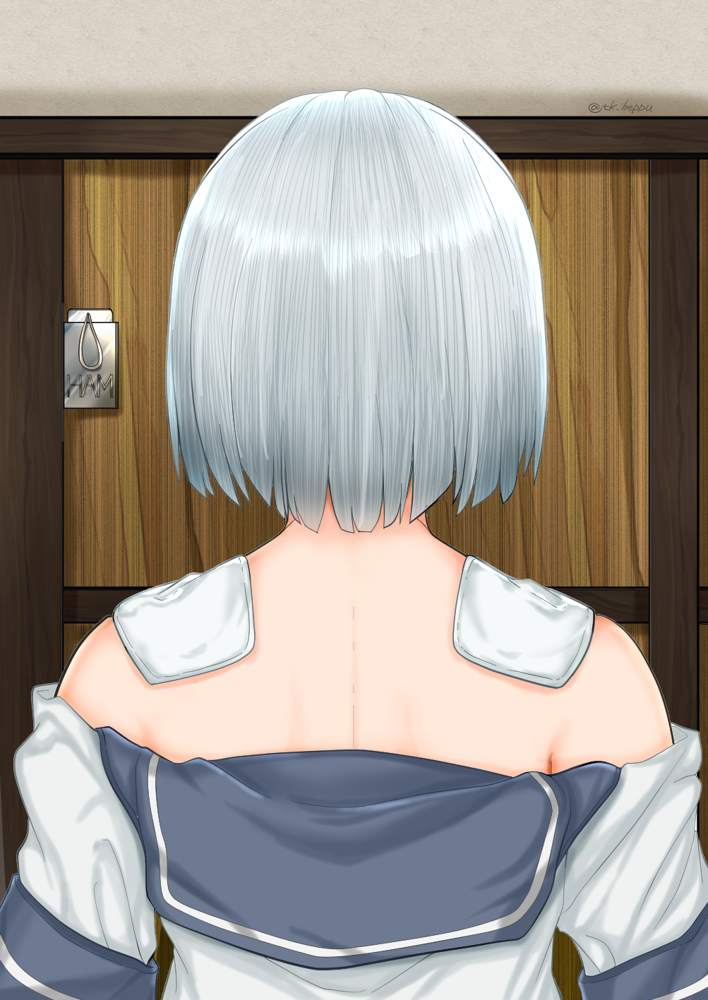 1girl back commentary_request from_behind hamakaze_(kantai_collection) highres kantai_collection off_shoulder sailor_collar school_uniform serafuku short_hair short_sleeves shoulder_blades silver_hair solo takasugi_heppu upper_body