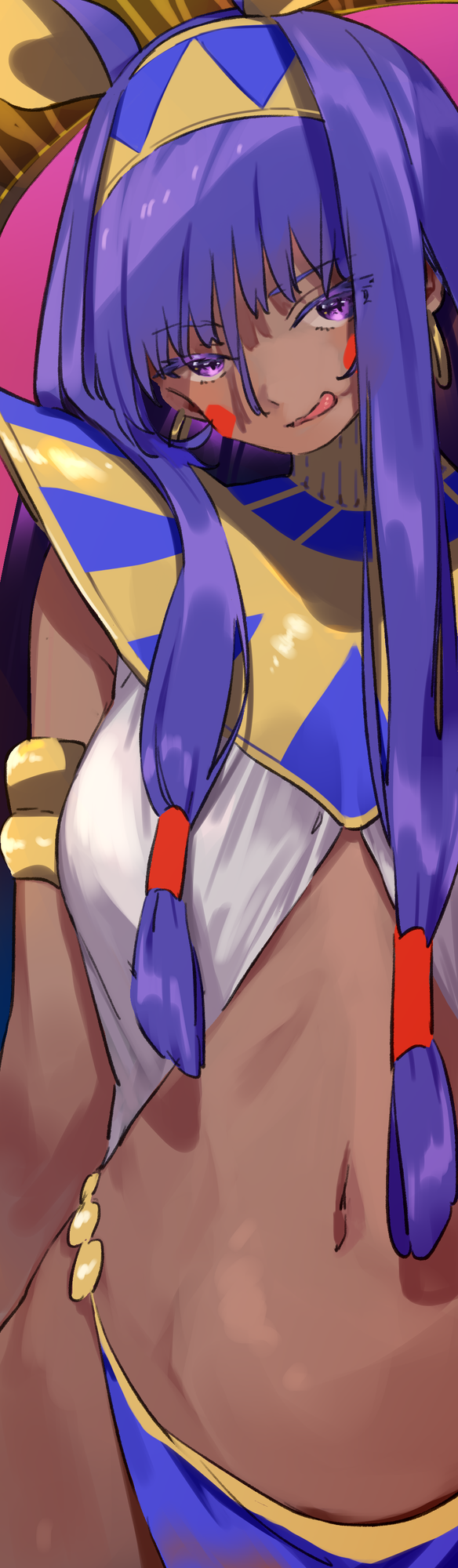 1girl :q amana_(pocketkey) animal_ears bangs breasts earrings egyptian_clothes eyebrows_visible_through_hair facial_mark fate/grand_order fate_(series) hairband highres jackal_ears jewelry long_hair looking_at_viewer navel nitocris_(fate/grand_order) purple_background purple_eyes purple_hair simple_background smile solo tongue tongue_out very_long_hair