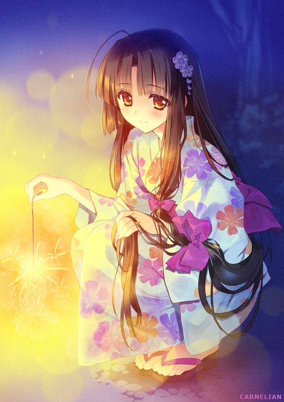 1girl ahoge bangs black_hair blush brown_eyes carnelian eyebrows_visible_through_hair fireworks floral_print full_body hair_ornament holding japanese_clothes kantai_collection kimono long_hair low-tied_long_hair revision sandals shouhou_(kantai_collection) smile solo sparkler squatting very_long_hair wide_sleeves