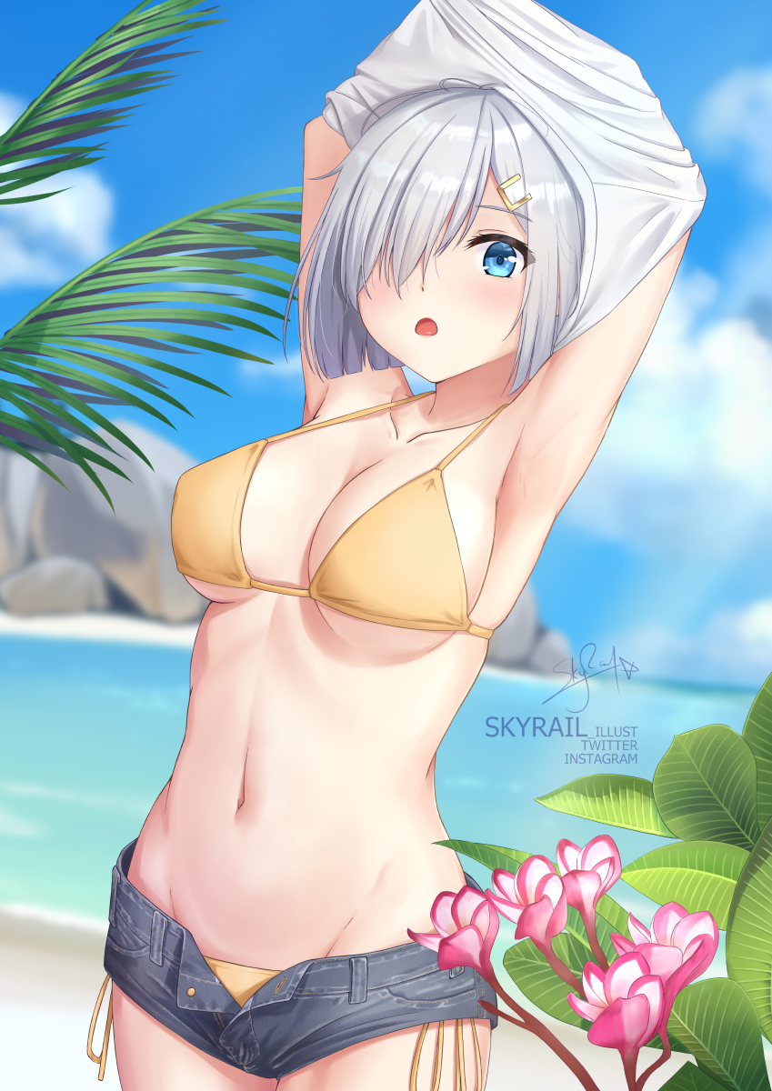 1girl arms_up bangs beach bikini blue_eyes blush breasts cleavage cloud day denim denim_shorts flower hair_ornament hair_over_one_eye hairclip hamakaze_(kantai_collection) highres kantai_collection large_breasts ocean open_mouth outdoors pink_flower plant short_hair short_shorts shorts side-tie_bikini signature silver_hair sky skyrail solo swimsuit swimsuit_under_clothes undressing watermark yellow_bikini