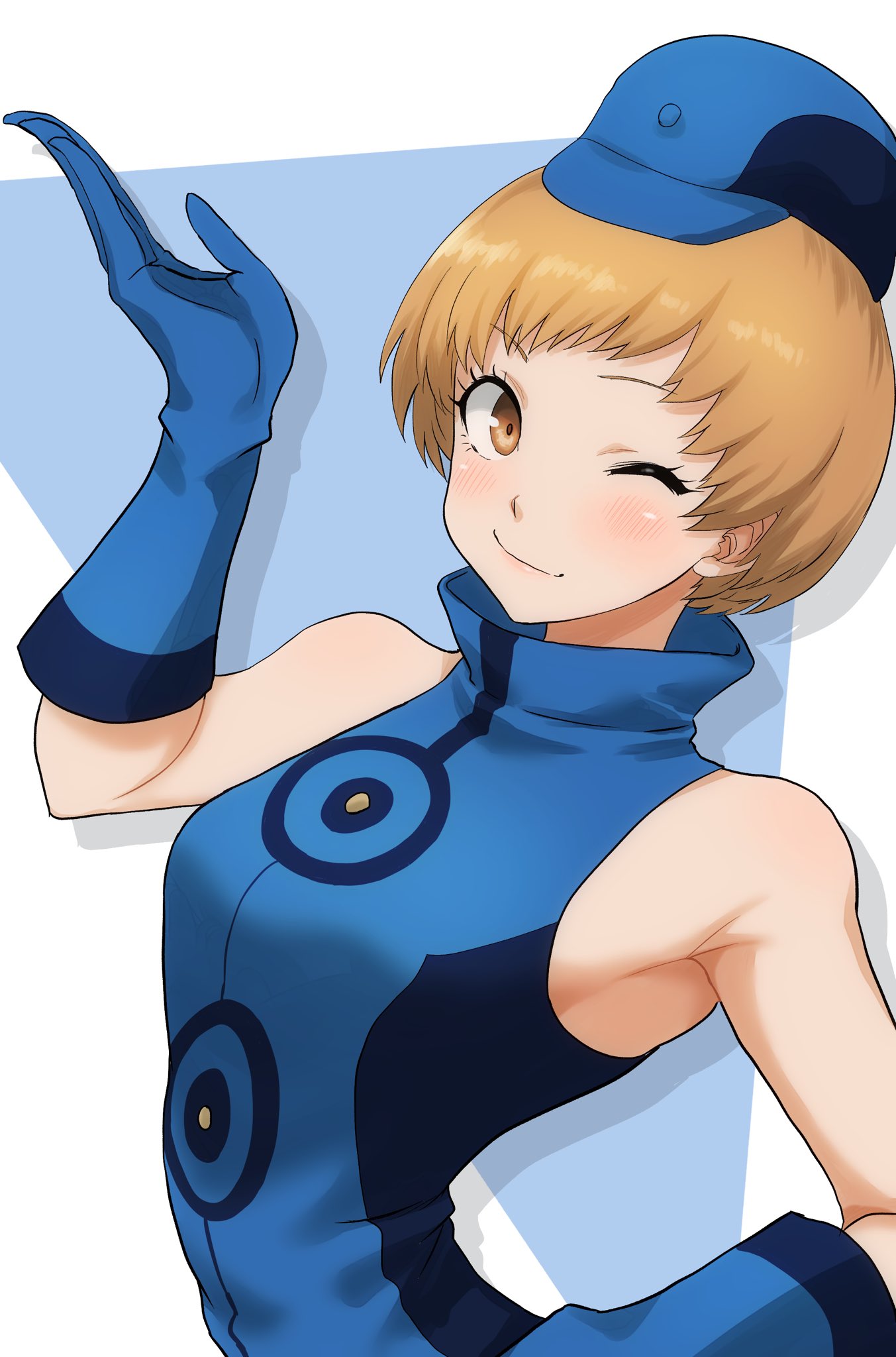 1girl alternate_costume arched_back blue_background blue_dress blue_gloves blue_headwear blush breasts brown_eyes closed_mouth commentary cosplay dress elizabeth_(persona) elizabeth_(persona)_(cosplay) eyelashes gloves hand_on_hip hat highres kurosususu light_brown_hair looking_at_viewer medium_breasts one_eye_closed persona persona_3 persona_4 satonaka_chie shadow short_hair simple_background sleeveless sleeveless_dress smile solo turtleneck_dress upper_body white_background