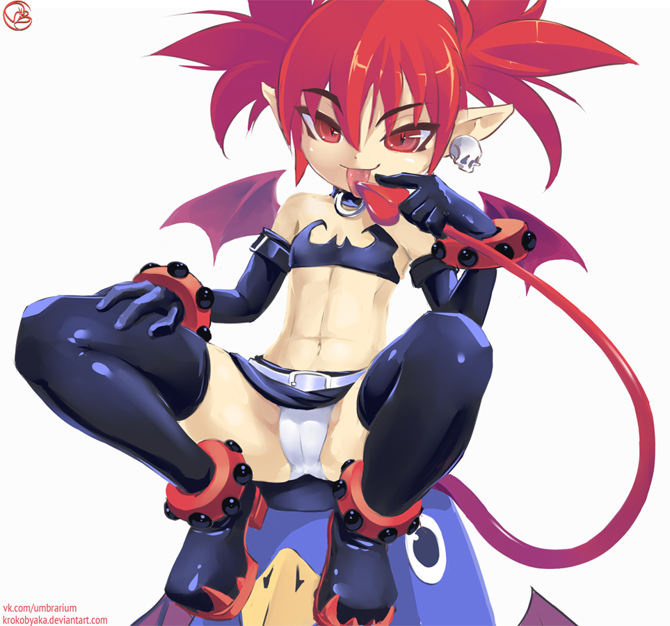 1girl 2015 :p abs armlet bare_shoulders beak belt bird black_choker black_footwear black_gloves black_legwear boots cameltoe choker demon_girl demon_tail demon_wings disgaea earrings elbow_gloves etna eyebrows_visible_through_hair flat_chest gloves groin_tendon hand_on_own_thigh high_heel_boots high_heels jewelry krokobyaka leather leather_gloves looking_at_viewer microskirt midriff naughty_face navel panties penguin platform_boots pointy_ears prinny raised_eyebrow red_eyes red_hair red_tail shiny shiny_clothes shiny_gloves shiny_hair shiny_legwear short_hair short_twintails sidelocks simple_background sitting sitting_on_animal sitting_on_person skirt skull_earrings slit_pupils solid_circle_eyes spread_legs strapless studded_anklet studded_bracelet studded_footwear tail tail_grab tail_licking thighhighs tongue tongue_out twintails underwear upskirt white_background white_belt white_panties wings
