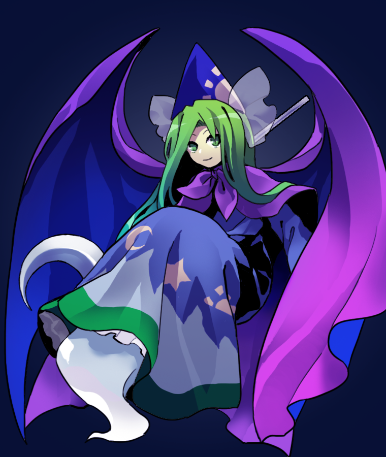 1girl blue_background blue_cape blue_dress blue_headwear bow cape crescent_moon crescent_print demon_wings dress frilled_dress frills full_body ghost_tail green_eyes green_hair hat hat_bow holding holding_staff kaigen_1025 light_smile long_hair long_sleeves mima moon purple_cape purple_capelet purple_neckwear see-through simple_background solo staff star_(symbol) star_print sun_print touhou touhou_(pc-98) two-tone_cape white_bow wings wizard_hat