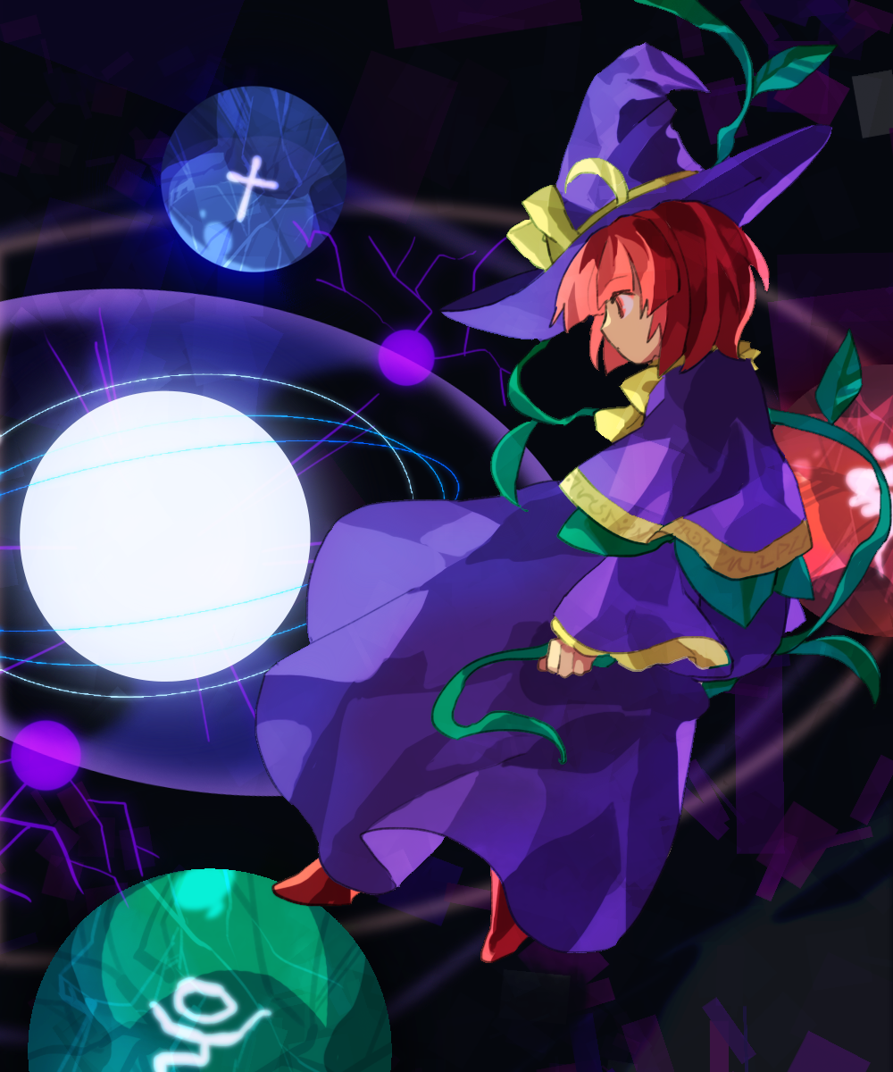 1girl bangs bob_cut bow capelet crescent crescent_moon_pin danmaku dress energy_ball from_side full_body hat hat_bow highres kaigen_1025 kirisame_marisa kirisame_marisa_(pc-98) leaf long_dress long_sleeves magic orange_eyes orange_hair plant profile purple_dress purple_headwear red_eyes red_hair short_hair solo spell_card touhou touhou_(pc-98) vines wide_sleeves witch_hat yellow_bow yellow_neckwear
