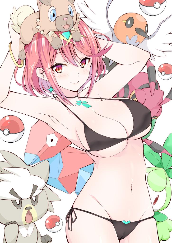 1girl armpits arms_up bangs bare_shoulders bikini black_bikini blush breasts cameltoe closed_mouth collarbone cowboy_shot crossover daive earrings eyebrows_visible_through_hair fletchling gen_1_pokemon gen_5_pokemon gen_6_pokemon gen_7_pokemon gen_8_pokemon groin hair_between_eyes homura_(xenoblade_2) jewelry kubfu large_breasts legendary_pokemon looking_at_viewer navel on_head petilil poke_ball poke_ball_(generic) pokemon pokemon_(creature) pokemon_on_head porygon red_eyes red_hair rockruff short_hair side-tie_bikini skindentation smile swimsuit tiara underboob venipede xenoblade_(series) xenoblade_2