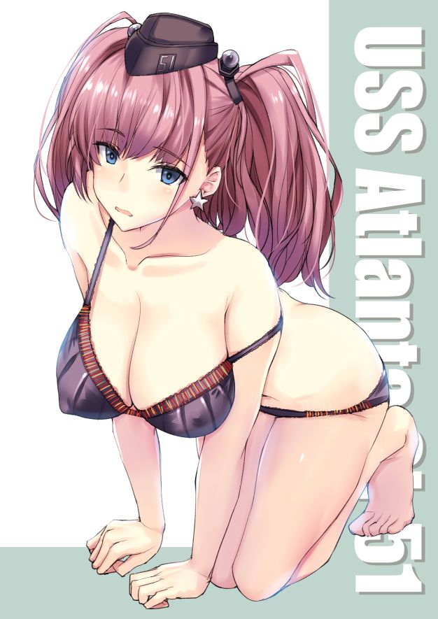 1girl anchor_hair_ornament ass_visible_through_thighs atlanta_(kantai_collection) bare_shoulders barefoot blue_eyes blush bra breasts brown_hair covered_nipples earrings eyebrows_visible_through_hair garrison_cap hair_ornament hat jewelry kantai_collection kuurunaitsu large_breasts long_hair panties purple_bra purple_panties sitting solo star_(symbol) star_earrings two-tone_background two_side_up underwear