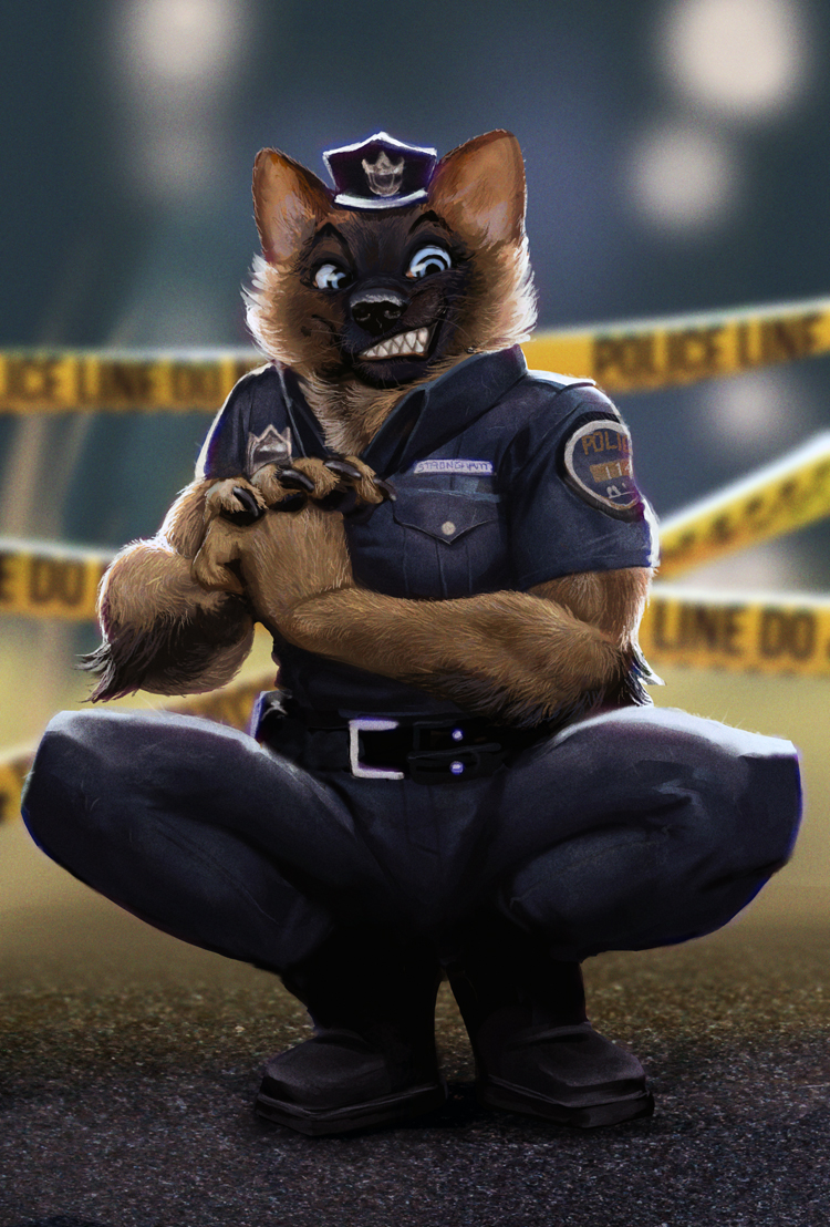 anthro belt black_body black_fur black_nose boots bottomwear brown_body brown_fur canid canine canis clothing conditional_dnp crouching domestic_dog fangs female footwear fur german_shepherd herding_dog looking_at_viewer mammal outside pants pastoral_dog police police_hat police_officer police_tape police_uniform smile solo teeth trunchbull uniform whiskers