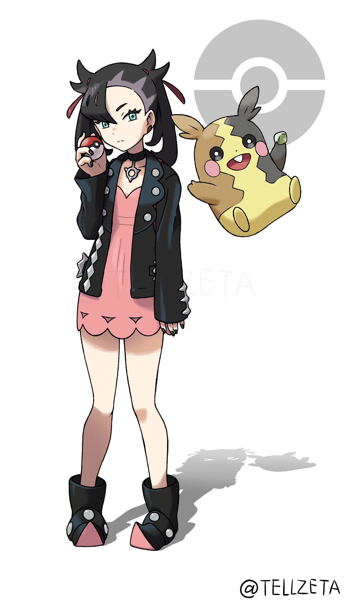 1girl aqua_eyes artist_name asymmetrical_bangs bangs black_choker black_hair black_jacket black_nails choker commentary_request dress full_body gen_8_pokemon hair_ribbon highres holding holding_poke_ball jacket long_sleeves looking_at_viewer mary_(pokemon) medium_hair morpeko open_clothes pink_dress poke_ball poke_ball_(generic) pokemon pokemon_(creature) pokemon_(game) pokemon_swsh red_ribbon ribbon simple_background standing teru_zeta watermark white_background