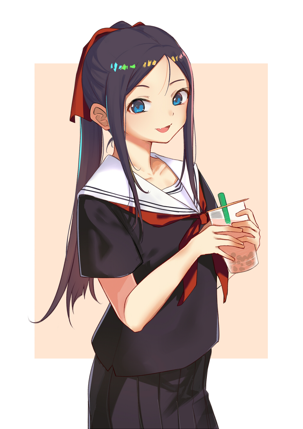 1girl :d bangs black_hair black_shirt black_skirt blue_eyes brown_background bubble_tea commentary_request cup disposable_cup drinking_straw fang forehead hair_ribbon highres holding holding_cup itachi_kanade long_hair looking_at_viewer neckerchief open_mouth original parted_bangs pleated_skirt ponytail red_neckwear red_ribbon ribbon sailor_collar school_uniform serafuku shirt short_sleeves skirt smile solo two-tone_background very_long_hair white_background white_sailor_collar